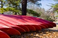 Red Canoes by Tree