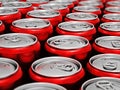 Red cans of soft non alcoholic drinks background. 3D illustration Royalty Free Stock Photo