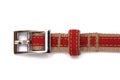 A red canvas belt top down view showing its buckle and loop white backdrop