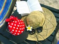 Red cap with white polka dots, straw hat, flowers, book and sung Royalty Free Stock Photo