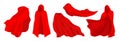 Red cape with hood. Realistic superhero cloak, vampire and illusionist silk party costume. Vector red decorative clothes