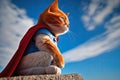 A red capped, kitten sized superhero watches the horizon against a blue sky