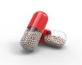 Red capsule with the granules of drugs inside. 3D illustration.