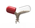 Red capsule with the granules of drugs inside. 3D illustration.