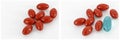 Red capsules drug supplements white background collage