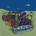 Red Car Abandoned under water with coral reef and fish digital drawing cartoon