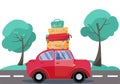 Red car with baggage on the roof. Summer family traveling by car. Flat cartoon vector illustration. Car Side View With stack of