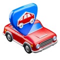 A red car with a blue shield on top of it Royalty Free Stock Photo