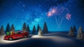 Red Car Carrying Christmas Gifts In Snowy Landscape 3d render Royalty Free Stock Photo