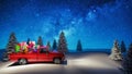 Red Car Carrying Christmas Gifts In Snowy Landscape 3d render Royalty Free Stock Photo