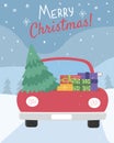 Red car carrying Christmas tree and presents in winter. Vector Royalty Free Stock Photo