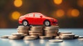 Red car with coins, auto tax and financing, car insurance and car loans, concept of savings money on car purchase Royalty Free Stock Photo