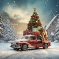 Red car covered white snow with christmas tree decorated with presents outdoor Royalty Free Stock Photo