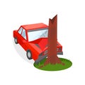 Red car crashed into tree trunk. Damaged automobile. Road accident. Transport and auto insurance theme. Flat vector icon Royalty Free Stock Photo