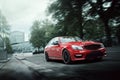 Red car drive on asphalt road in the city at daytime Royalty Free Stock Photo