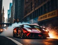 A red car driving down a city street