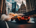 A red car driving down a city street