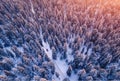 Red car driving on winding road through snowy forest, sun light. Concept winter travel, aerial view Royalty Free Stock Photo