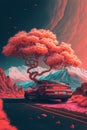 Red Car on a stylized road with a Tree. AI Generated.