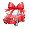 Red Car Gift with Big Red Bow Watercolor Illustration Royalty Free Stock Photo