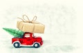 Red car gift box Christmas tree vintage Royalty Free Stock Photo