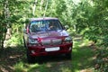 Red Car Jeep in forest Royalty Free Stock Photo