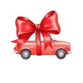 Red Car with Large Red Bow Watercolor Illustration Royalty Free Stock Photo