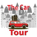 Red car with luggage and text - The Car Tour