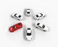 Red car among many white cars - top view Royalty Free Stock Photo