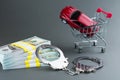 Red car  money handcuffs Car Dealer Fraud Law Royalty Free Stock Photo