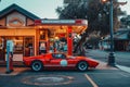 A red car is parked in front of a gas station, surrounded by fuel pumps and a convenience store, A sports car filling at a vintage Royalty Free Stock Photo