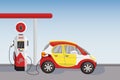 Red car at petrol and gasoline fuel station. Vector cartoon illustration