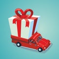 Red car with a present. Delivery service, carton illustration. Truck with gift box. Vector illustration.