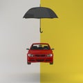 Red car protected with black umbrella, automobile safety icon is