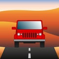 Red car on the road SUV rides through the desert. Sport utility vehicle on the background of desert landscape. Vector Image. Royalty Free Stock Photo