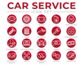 Red Car Service Round Outline Icons Set with Battery, Oil, Gear Shifter, Filter, Polishing, Key, Steering Wheel, Diagnostic, Wash
