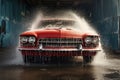 A red car sitting in a garage, with water pooled on its surface, Washing car using high-pressure water, AI Generated