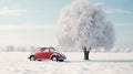 Red car in a snowy field, near a big tree covered in snow. Rural landscape on a bright and sunny cold day. Generative AI