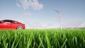 Red Car stand on the background of a windmills Electric charging on wind turbines Vehicles using renewable energy