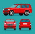 Red car two angle set. Car side view, back view and front view. Royalty Free Stock Photo