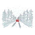 Red car on winter road, sketch for your design