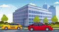 Red car and yellow taxi cab driving asphalt road city traffic concept modern office building cityscape background flat Royalty Free Stock Photo