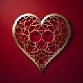 Red card on it a gold heart with ornaments. Heart as a symbol of affection and Royalty Free Stock Photo