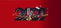 Red card Happy 2021 new year greetig card in paper style for your seasonal holidays flyers, christmas themed congratulations, Royalty Free Stock Photo