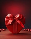 Red cardboard heart shaped gift box tied with satin ribbon on empty background, surprise for Valentine's day