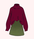 Red Cardigan Jacket with Green Skirt, Autumn look. Illustration for magazines and shops