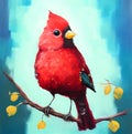 Red cardinal bird sitting on a branch with autumn leaves, digital oil painting on canvas Royalty Free Stock Photo