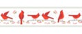 Red cardinal birds cute seamless vector border