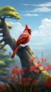 Hyper-realistic 2d Game Art: Tranquil Nature Scene With Cardinal