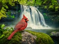 Red cardinal perches on a mossy rock